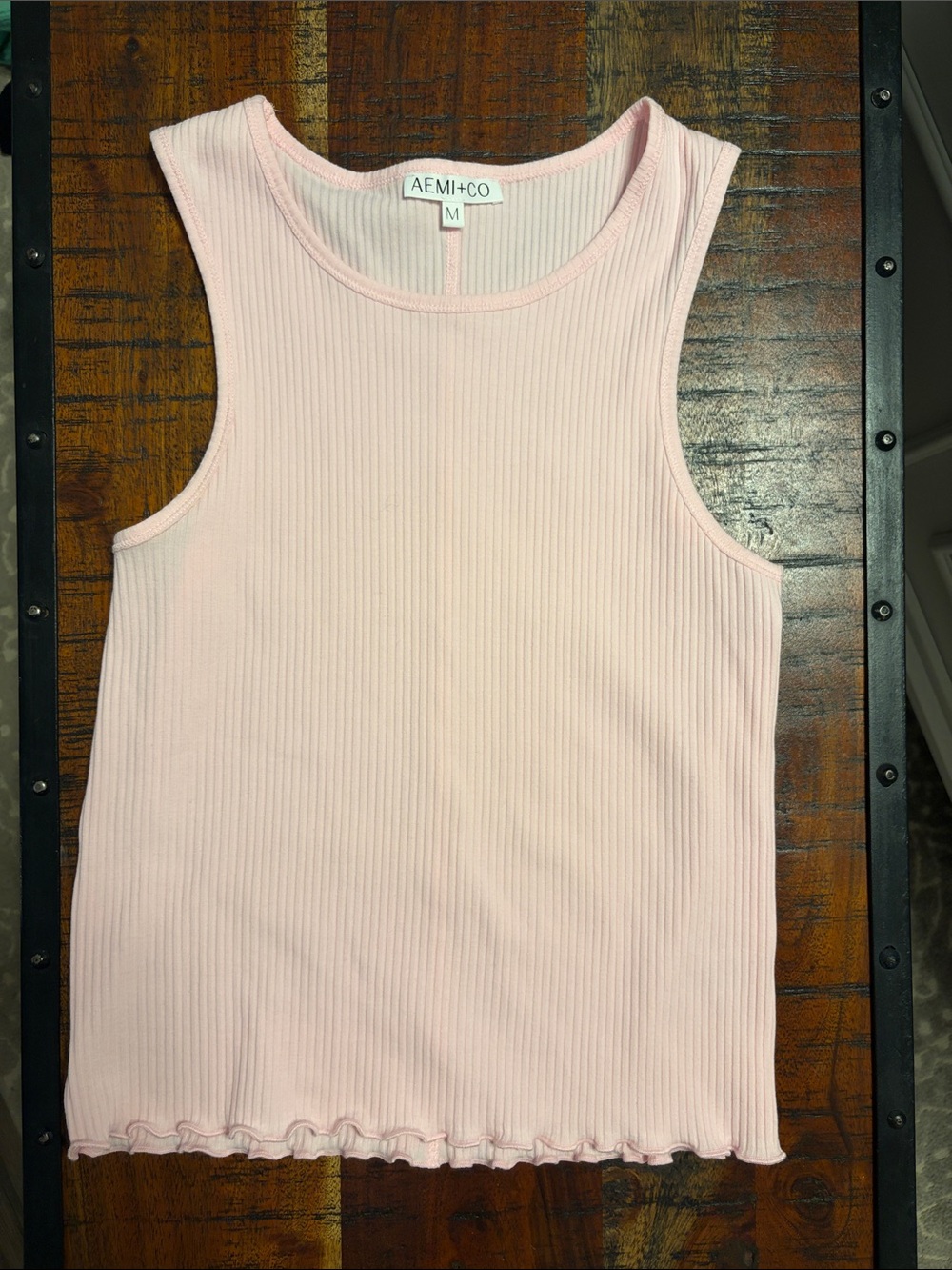 AEMI+CO Soft Pink Ribbed Tank — Feminine Lettuce-Hem